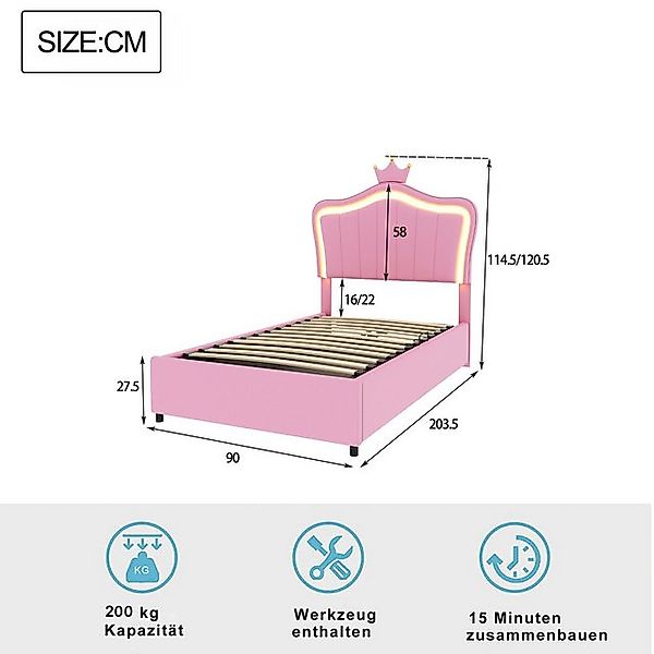 FOSMET Polsterbett Polster-Kinderbett 90x200 cm mit LED, PU-Krone, Lattenro günstig online kaufen