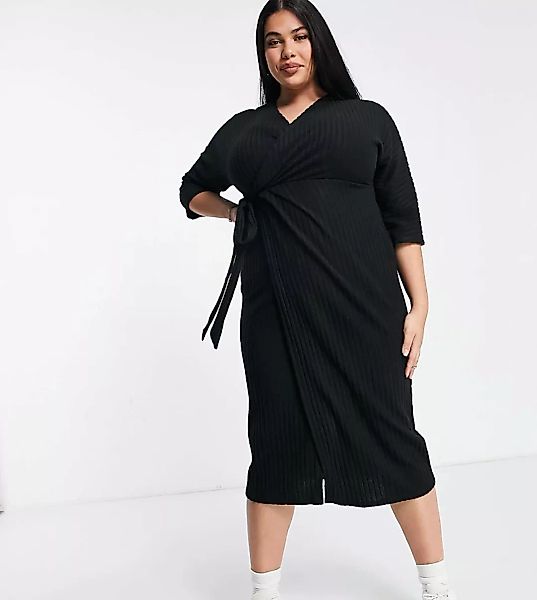 River Island Plus – Gemütliches Mini-Wickelkleid aus Strick in Schwarz günstig online kaufen