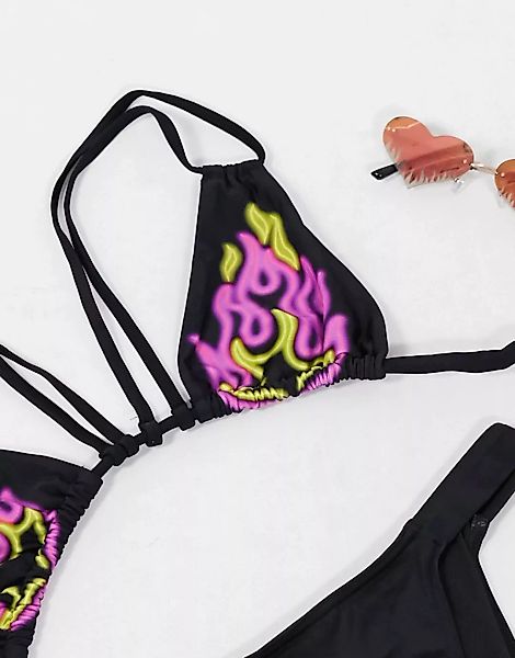 ASOS DESIGN Fuller Bust – Triangel-Bikinioberteil mit buntfarbigem Neon-Fla günstig online kaufen