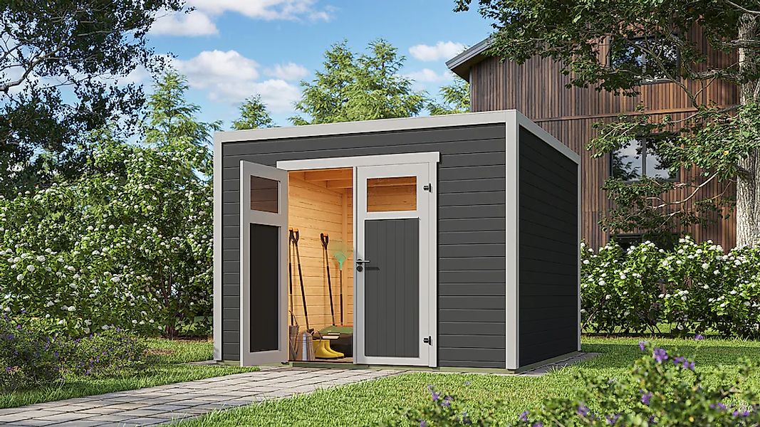 Weka Gartenhaus Batu 3 Flachdach Doppeltür Dark Grey 300 cm x 300 cm günstig online kaufen
