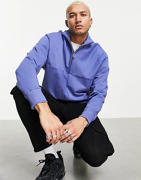 ASOS DESIGN – Oversize-Sweatshirt mit kurzem Reißverschluss in Blau, Kombit günstig online kaufen