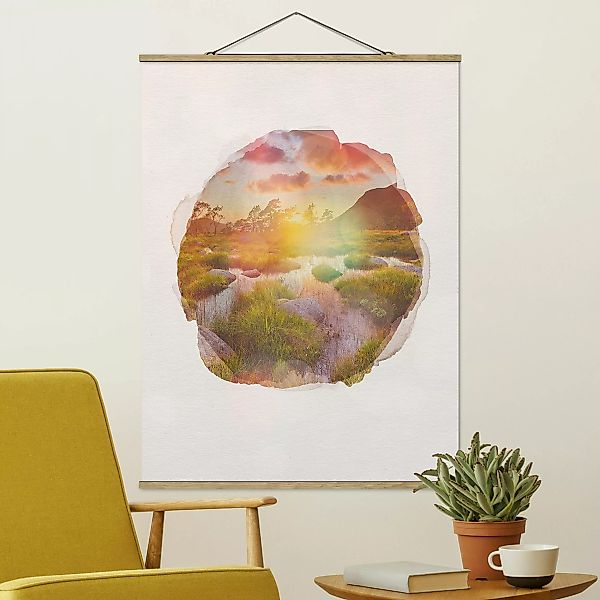 Stoffbild Landschaft mit Posterleisten - Hochformat Wasserfarben - Tverrdal günstig online kaufen