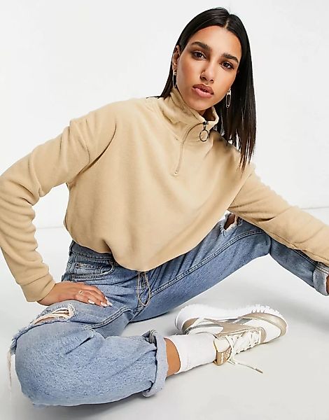 Brave Soul – Mary – Fleece-Pullover mit Reißverschluss in Camel-Neutral günstig online kaufen