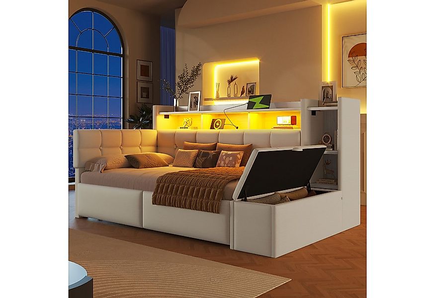 Flieks Daybett, Polsterbett 90×190cm mit LED, Aufladen, 2 Schubladen und Po günstig online kaufen