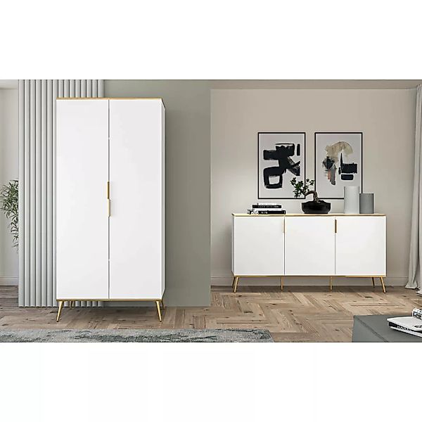 Schlafzimmermöbel Set 2-teilig in weiß mit goldfarbenen Akzenten, VLORA-131 günstig online kaufen