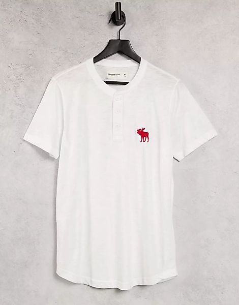 Abercrombie & Fitch – Weißes Henley-T-Shirt mit explodierendem Logo günstig online kaufen