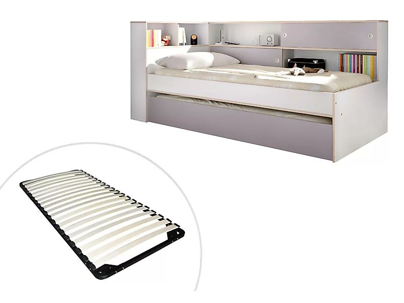 Ausziehbett mit Stauraum + Lattenrost - 90 x 200 & 90 x 190 cm - Weiß & Gra günstig online kaufen