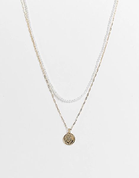 ASOS DESIGN – Mehrreihige, goldfarbene Halskette mit kleinen Kunstperlen un günstig online kaufen