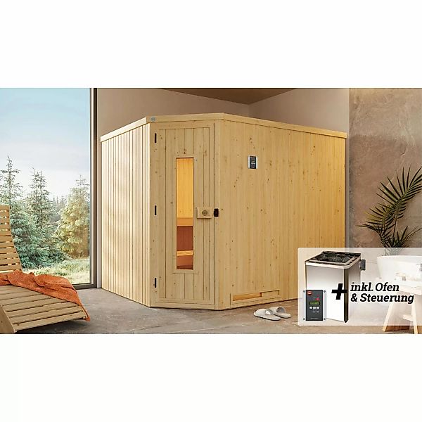 Weka Element-Ecksauna Varberg 4 Sparset 7,5 kW BioS Holztür günstig online kaufen