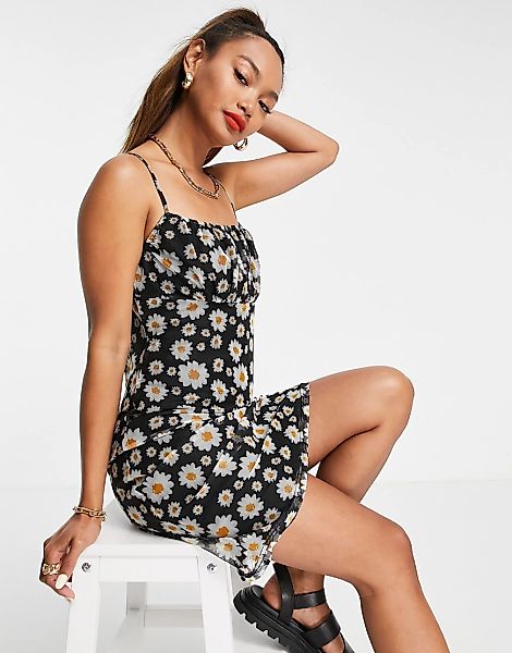 Urban Threads – Camisole-Minikleid mit Gänseblümchenmuster-Schwarz günstig online kaufen