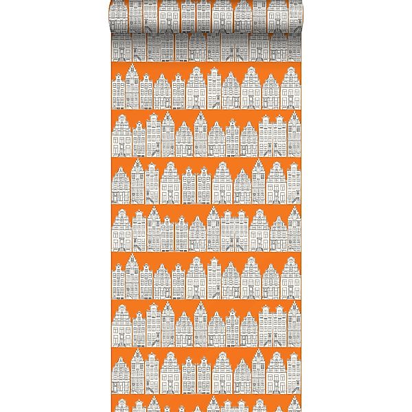 ESTAhome Tapete Amsterdamer Grachtenhäuser Orange Und Weiß 53 Cm X 1005 Cm günstig online kaufen