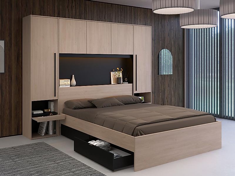 Bett mit Stauraum & LEDs - 160 x 200 cm - Naturfarben & Schwarz - VELONA günstig online kaufen
