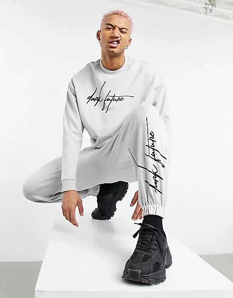ASOS – Dark Future – Oversize-Jogginghose mit Logoprint in Grau, Kombiteil günstig online kaufen
