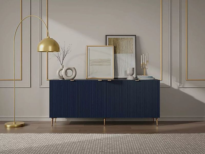 Sideboard mit 4 Türen - MDF & Stahl - Blau & Goldfarben - YESINIA günstig online kaufen