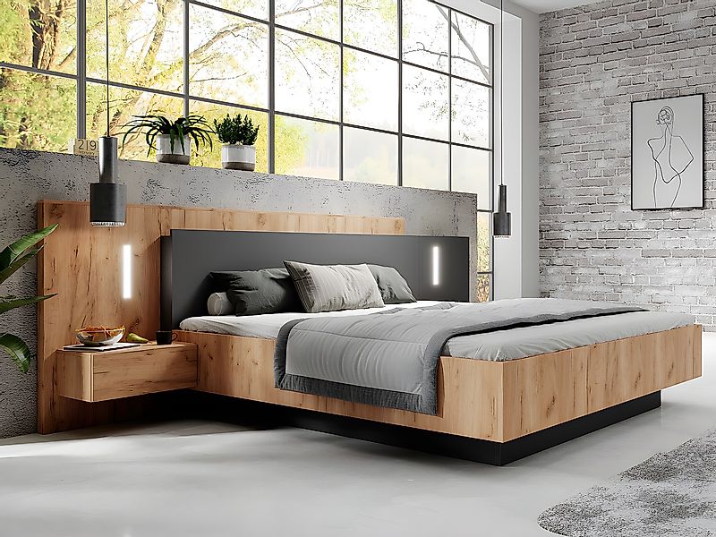 Bett mit Nachttischen + Lattenrost + Matratze  - 160 x 200 cm - 2 Schublade günstig online kaufen