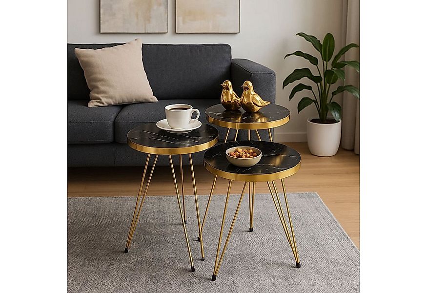 Jungengel Beistelltisch Set 3-teilig rund Marmoroptik Schwarz Gold Modern S günstig online kaufen