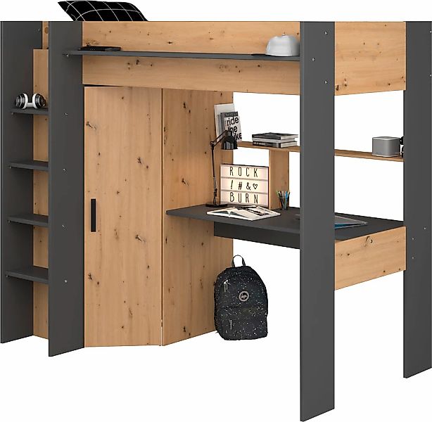 Hochbett mit Schreibtisch + Kleiderschrank - 90 x 200 cm - Naturfarben & An günstig online kaufen
