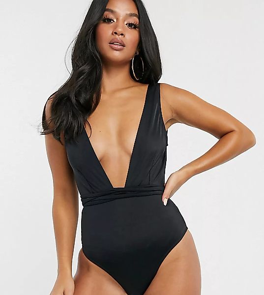 ASOS DESIGN Petite –  Glamouröser, schwarzer Badeanzug mit Gürtel aus recyc günstig online kaufen