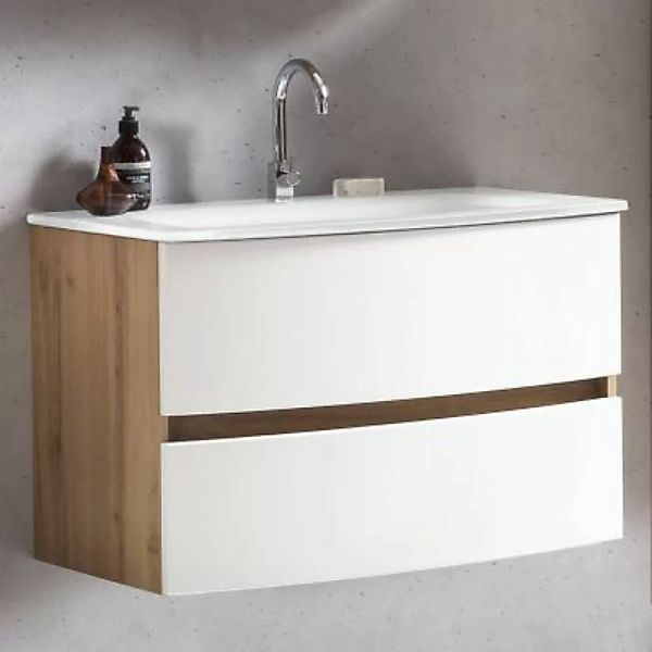 Lomadox Badezimmer Waschtisch 80 cm Wotaneiche Nb. mit matt weiß LAURIA-03 günstig online kaufen