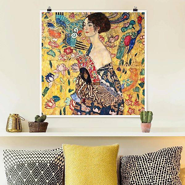 Poster Kunstdruck - Quadrat Gustav Klimt - Dame mit Fächer günstig online kaufen