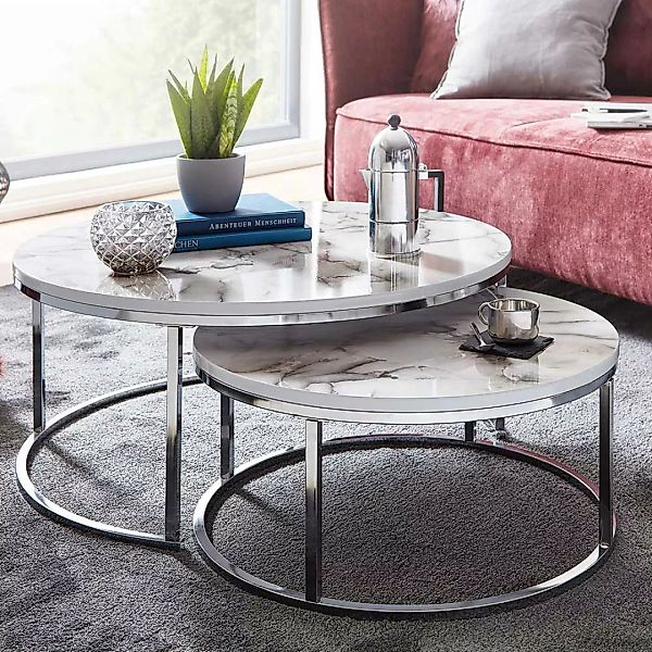 Sofa Tische in weißer Marmor Optik Ringgestell aus Stahl (zweiteilig) günstig online kaufen