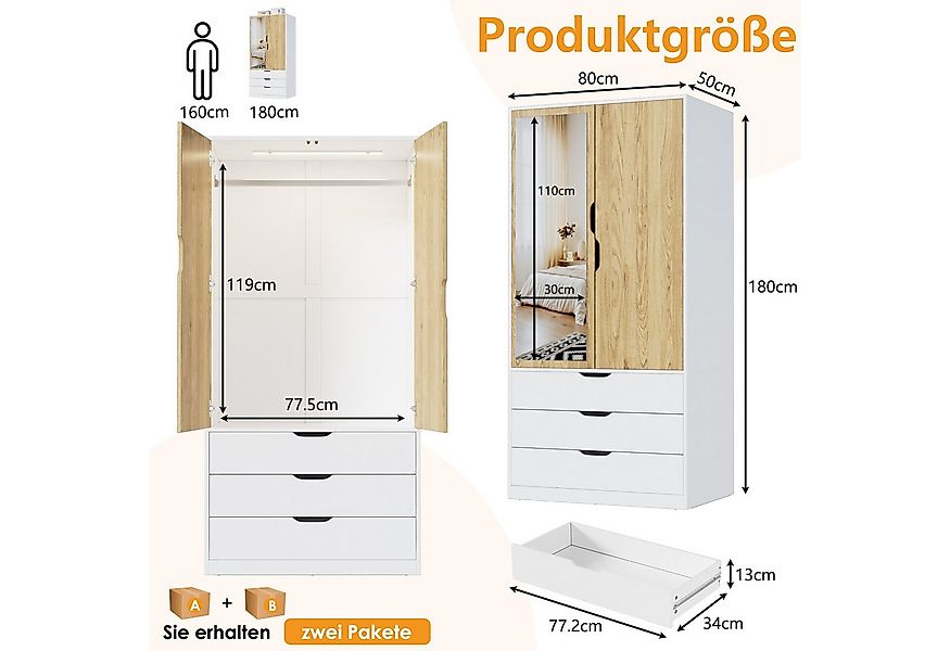 TWSOUL Kleiderschrank Garderobenschrank, 2 Türen und 3 Schubladen Spiegel&S günstig online kaufen