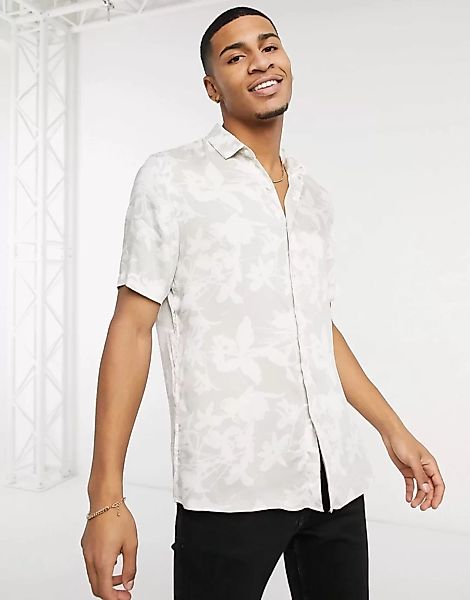 Topman – Hemd mit farblich abgestimmtem Vogelmotiv in Stone-Neutral günstig online kaufen