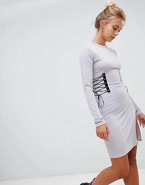 Glamorous – Langärmliges Kleid mit Schnürung-Grau günstig online kaufen