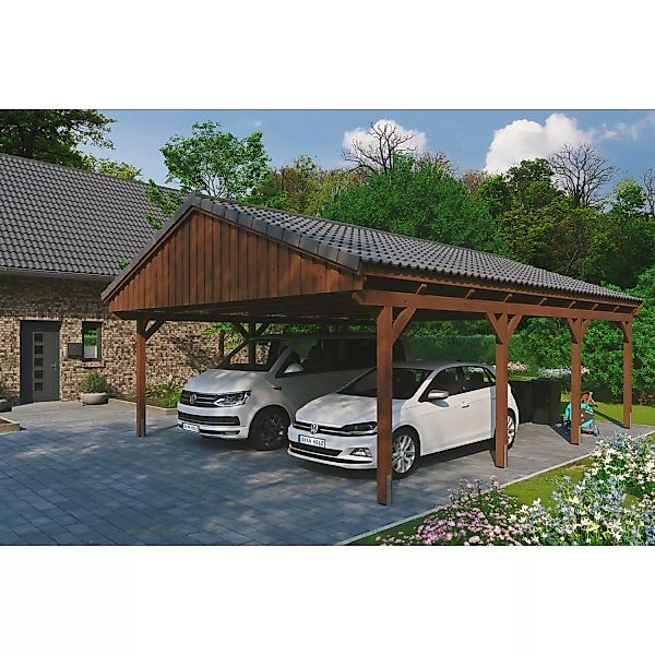Skan Holz Carport Fichtelberg 618 cm x 808 cm Dachlattung Nussbaum günstig online kaufen