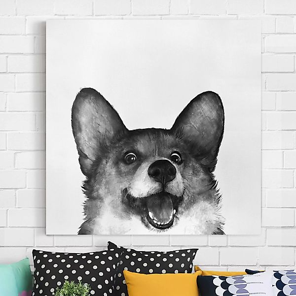 Leinwandbild Tiere - Quadrat Illustration Hund Corgi Weiß Schwarz Malerei günstig online kaufen