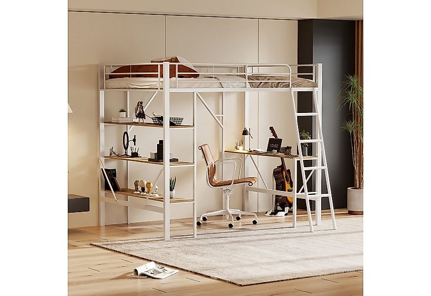 Merax Hochbett Kinderbett Metallbett 90x200cm mit Schreibtisch, Ablagen und günstig online kaufen