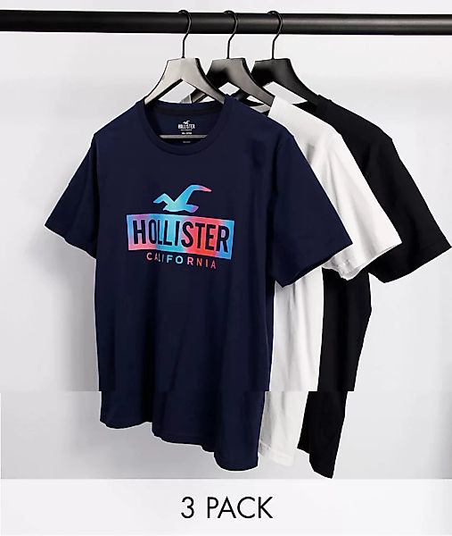 Hollister – 3er-Pack T-Shirts mit Farbverlauf-Boxlogo in Weiß/Marineblau/Sc günstig online kaufen