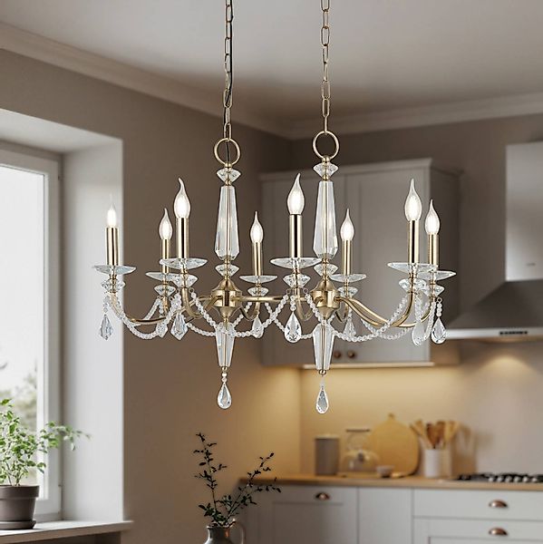 Kronleuchter Adone, linear, 8-flammig, messing, Kristallglas günstig online kaufen