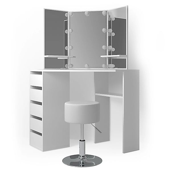 Vicco Eckschminktisch Arielle Weiß 110 cm mit LED Beleuchtung und Hocker günstig online kaufen