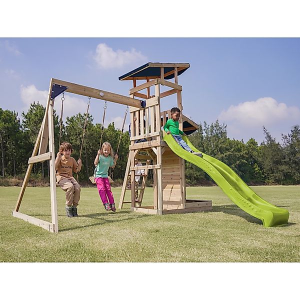 Axi Spielturm Malik mit Doppelschaukel Braun und Rutsche Hellgrün FSC® günstig online kaufen