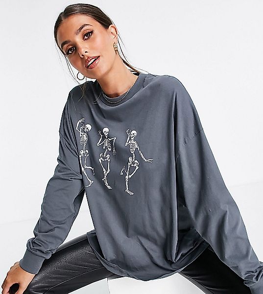 ASOS DESIGN Tall – Langärmliges Shirt in Anthrazit mit Tanzende-Skelette-Pr günstig online kaufen
