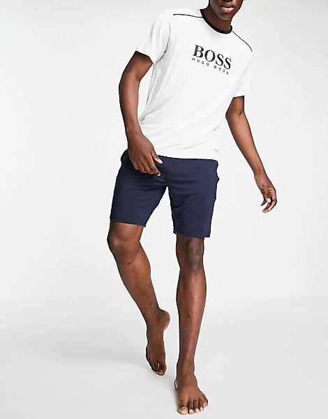 BOSS – Bodywear Refined – Pyjama mit Shorts und T-Shirt in Weiß/Navy-Marine günstig online kaufen