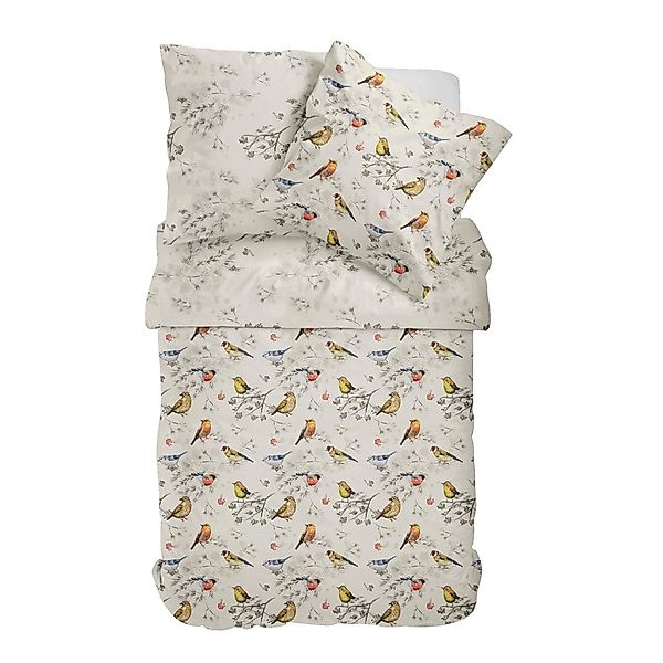 Bettwäsche Mako Satin Sympathica 11477 Vögel natur blau gelb 135x200 günstig online kaufen