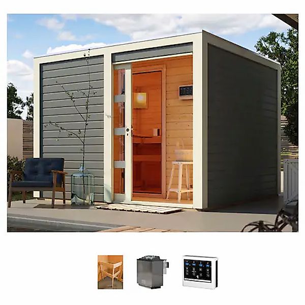 KONIFERA Saunahaus »Ruben« Set, terragrau, mit Ofen 9 kW Bio ext. Steuerung günstig online kaufen