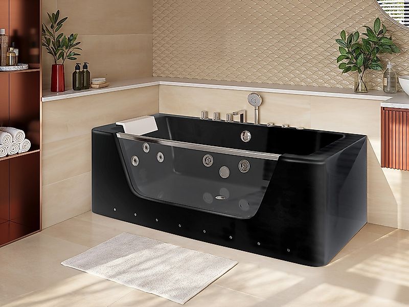 Whirlpool-Badewanne halb freistehend mit LED-Beleuchtung - Schwarz - DYONA günstig online kaufen