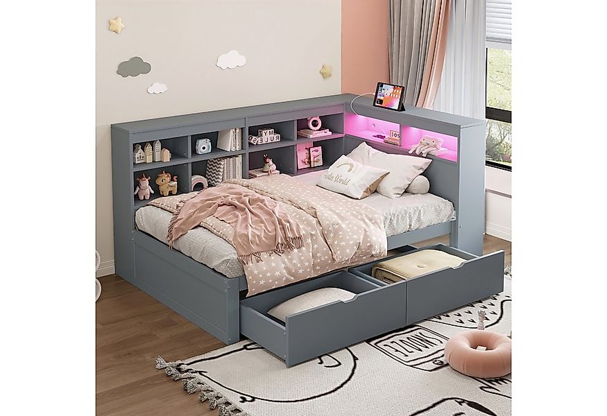 Flieks Massivholzbett, LED Einzelbett 90x200cm mit Stauraum, USB-Aufladen u günstig online kaufen