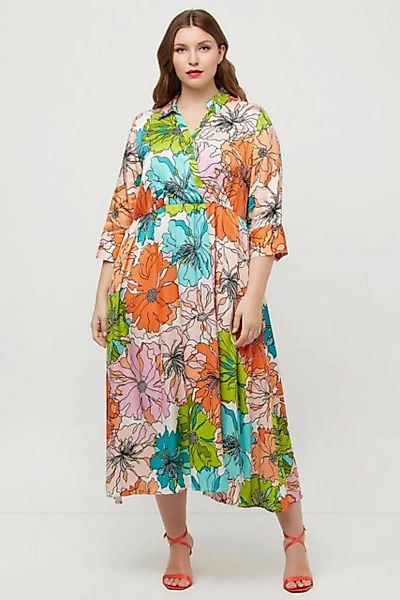 Ulla Popken Sommerkleid Midikleid Blüten-Design Hemdkragen 3/4-Arm günstig online kaufen