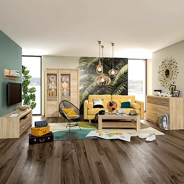 Wohnzimmer Set CORK-131 Kiefer hell 6-teilig mit Couchtisch und Beleuchtung günstig online kaufen