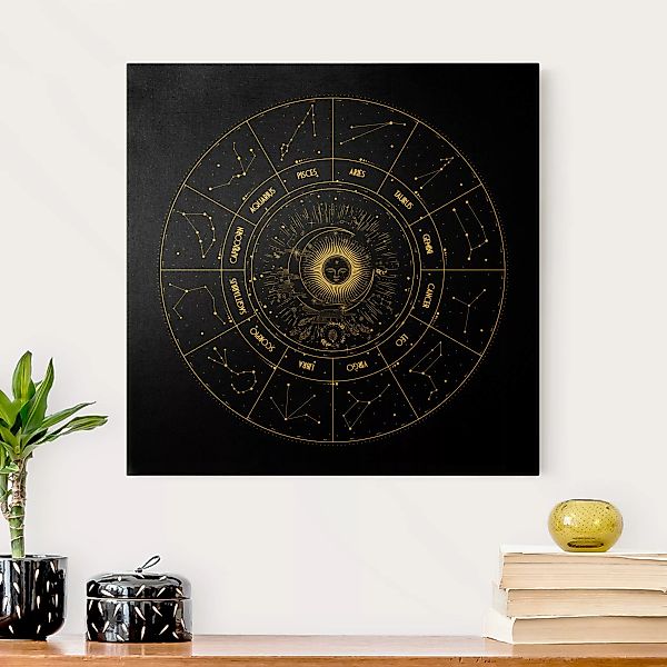 Leinwandbild Gold Astrologie Die 12 Sternzeichen Schwarz günstig online kaufen