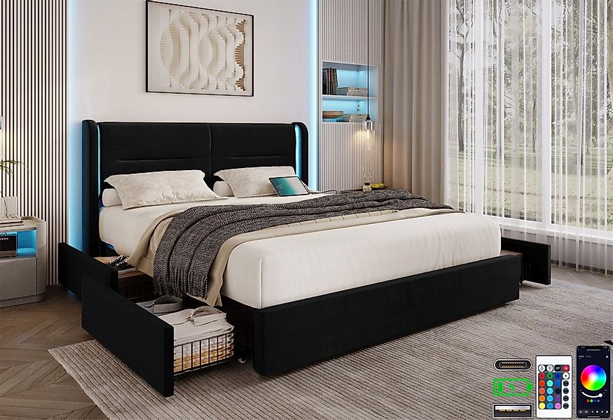 LVHOM Stauraumbett 140x200/160x200cm, LED-Samt-Bett mit 4 günstig online kaufen