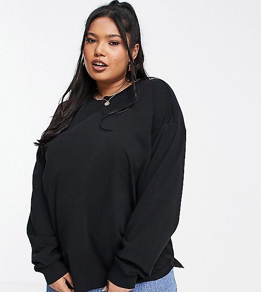 ASOS DESIGN Curve – Langärmliges Oversize-Shirt mit Bündchen in Schwarz günstig online kaufen