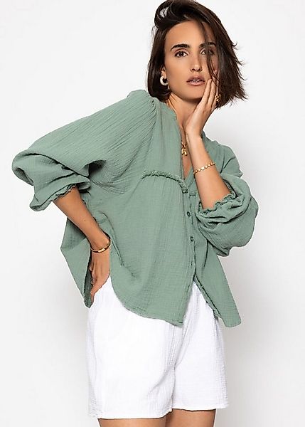 SASSYCLASSY Langarmbluse Musselinbluse Damen mit Fransen und Rüschenärmeln günstig online kaufen