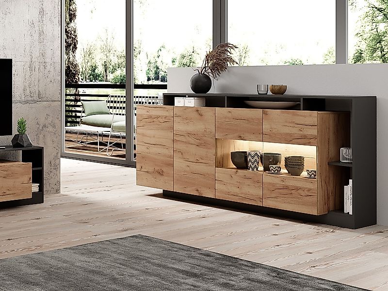 Sideboard mit 4 Türen & 4 Ablagefächern - Mit LED-Beleuchtung - Holzfarben günstig online kaufen