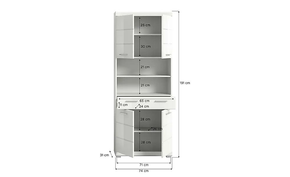 Hochschrank SCHLOONSEE  Breite 74cm  4 Türen  1 Schubkasten  2 offene Fäche günstig online kaufen
