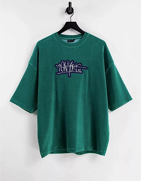 ASOS DESIGN – Oversize-T-Shirt aus geripptem Velours in Grün mit New York C günstig online kaufen